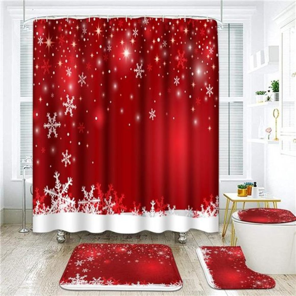 4 Pcs Shower Curtain Christmas Snowflake Red Winter |  Bath Mat Bathroom Decor